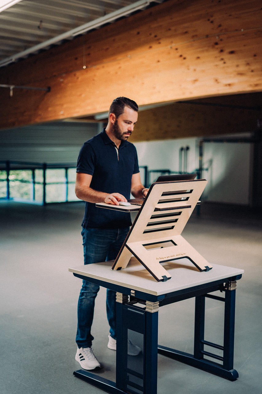 man, stand, desk